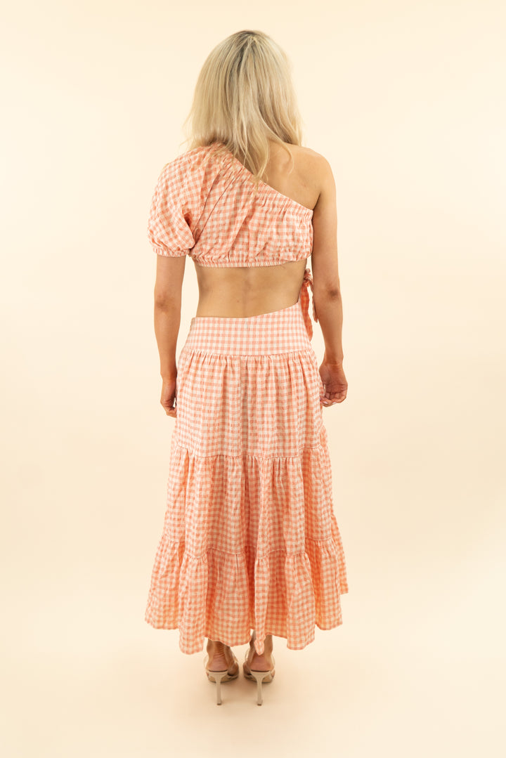 majorelle coral cream gingham one shoulder mid cut out midi dress (s)