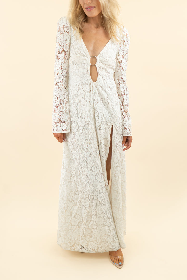 for love & lemons white lace long sleeve cut out maxi dress (s)