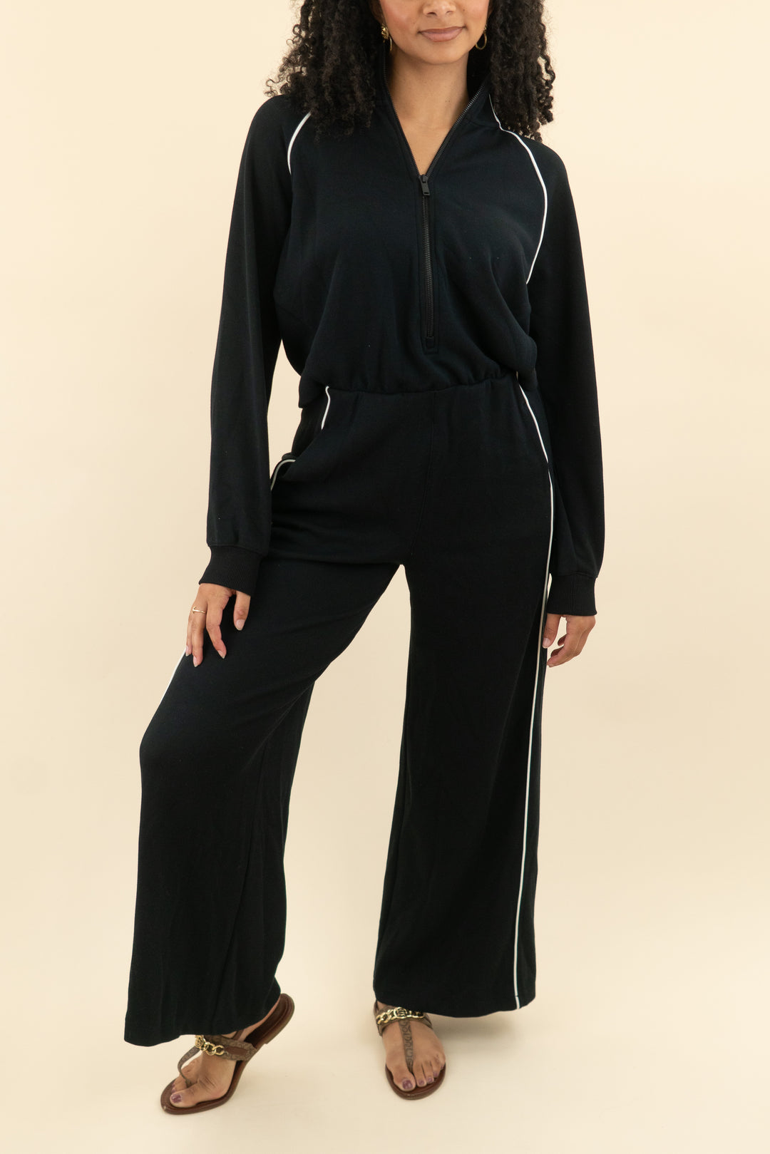 spanx black w/ white piping jumpsuit (m; retail $158)