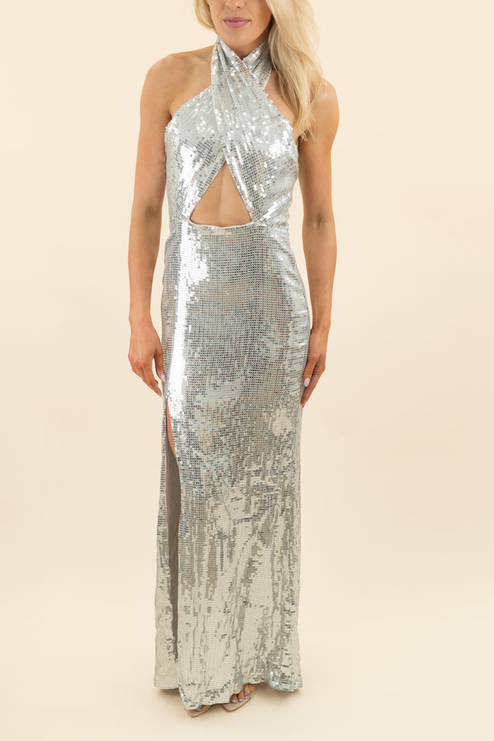 alice + olivia by stacey bendet silver sequin halter maxi dress (4; retail $695)