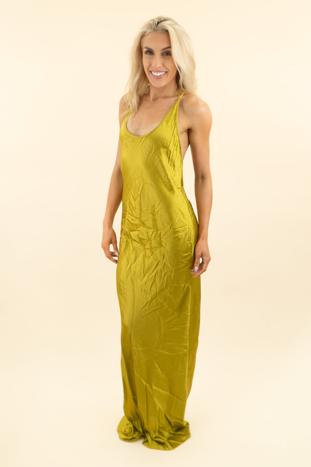 khy chartreuse satin sleeveless maxi dress (s)