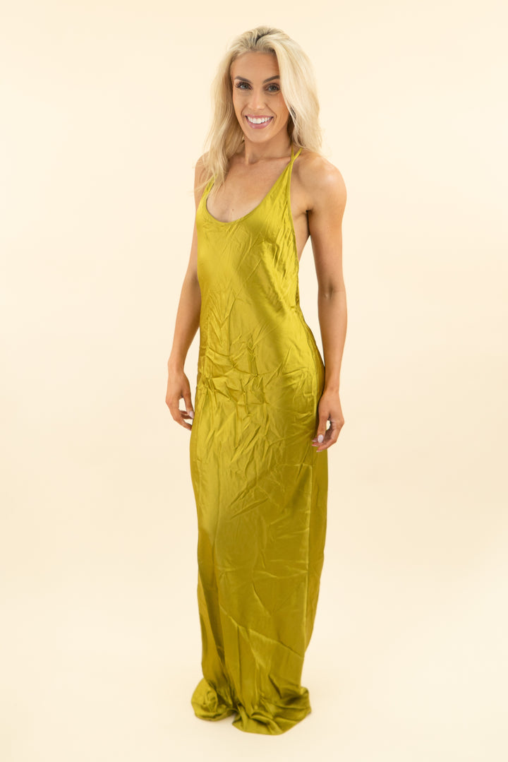 khy chartreuse satin sleeveless maxi dress (s)