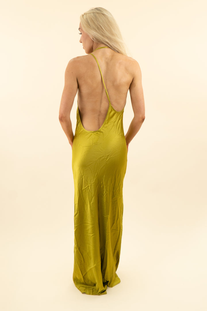 khy chartreuse satin sleeveless maxi dress (s)