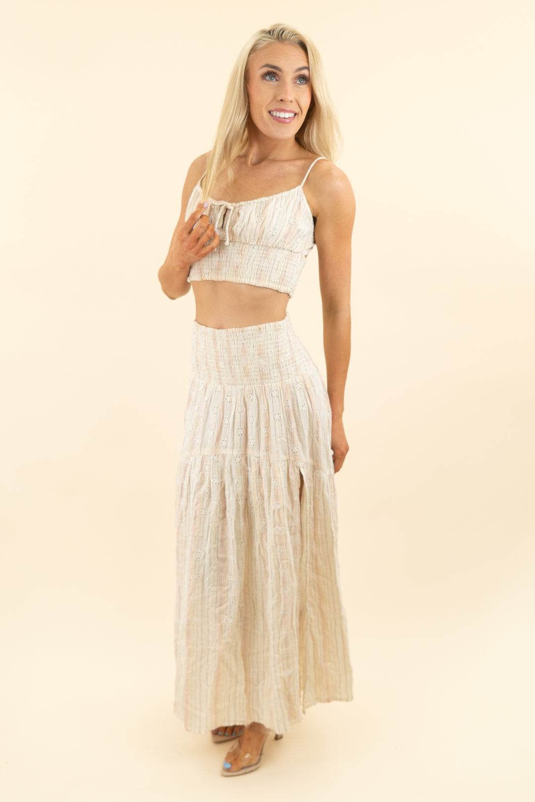 l space cream pink gold shimmer stripe midi skirt and top set (m)