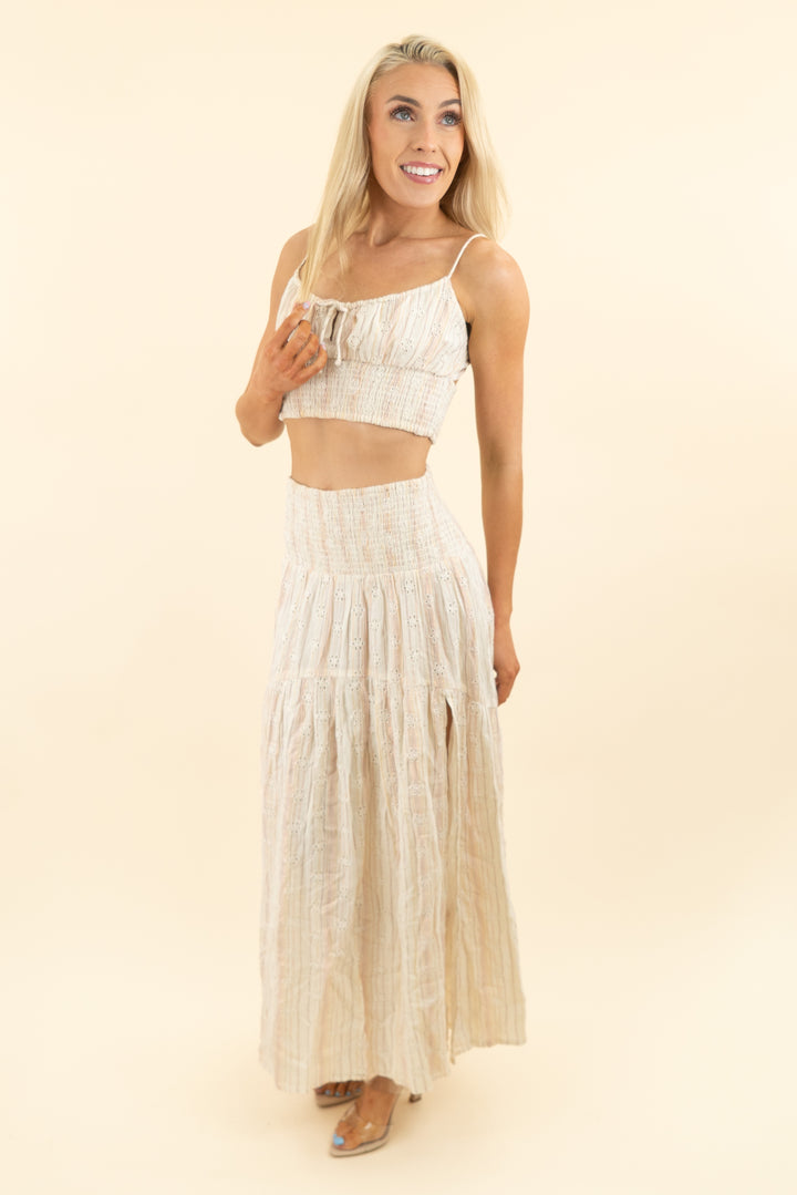 l space cream pink gold shimmer stripe midi skirt and top set (m)