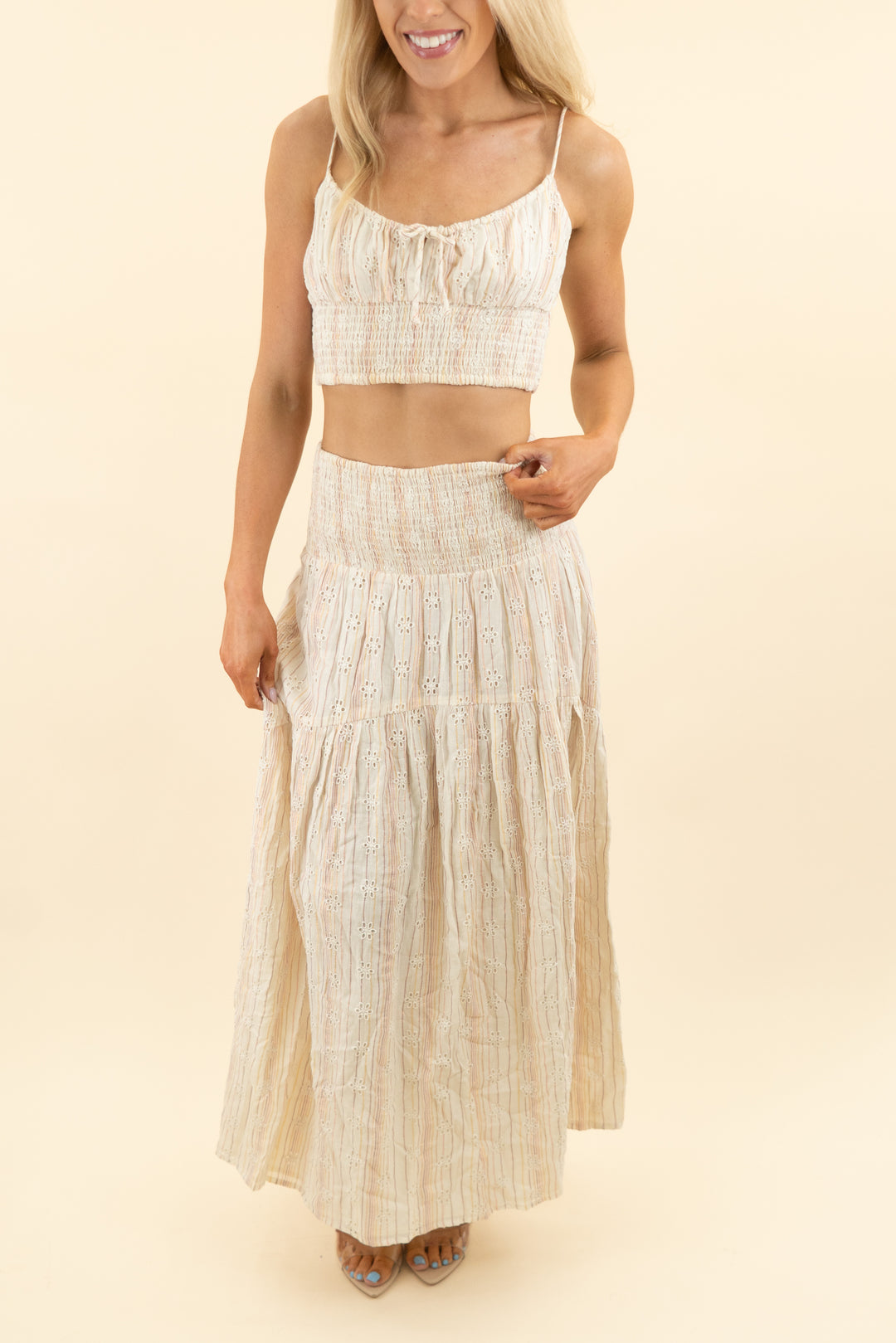 l space cream pink gold shimmer stripe midi skirt and top set (m)
