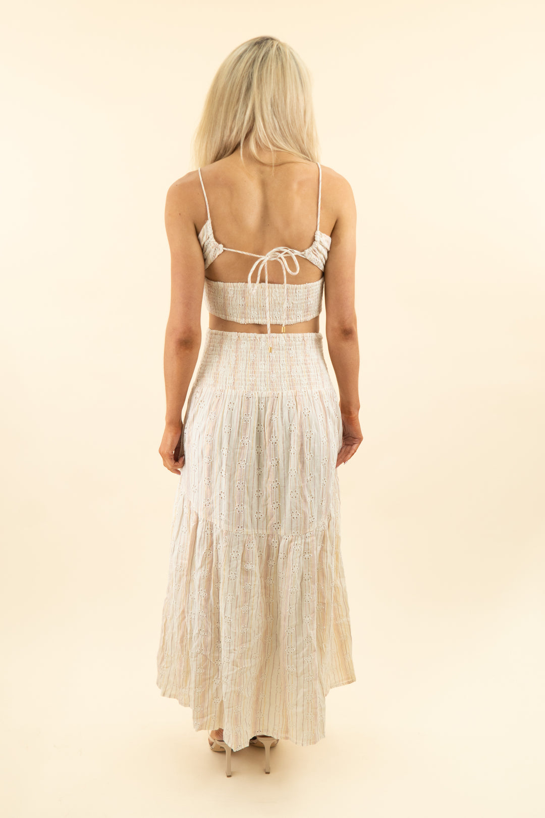 l space cream pink gold shimmer stripe midi skirt and top set (m)