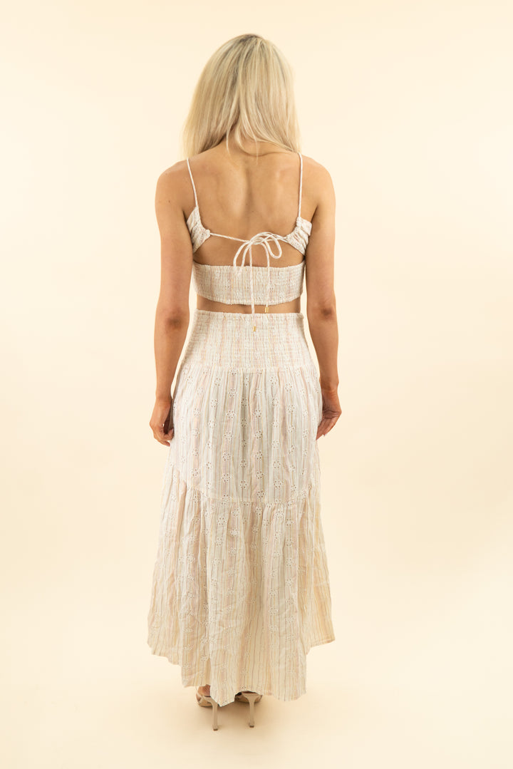 l space cream pink gold shimmer stripe midi skirt and top set (m)