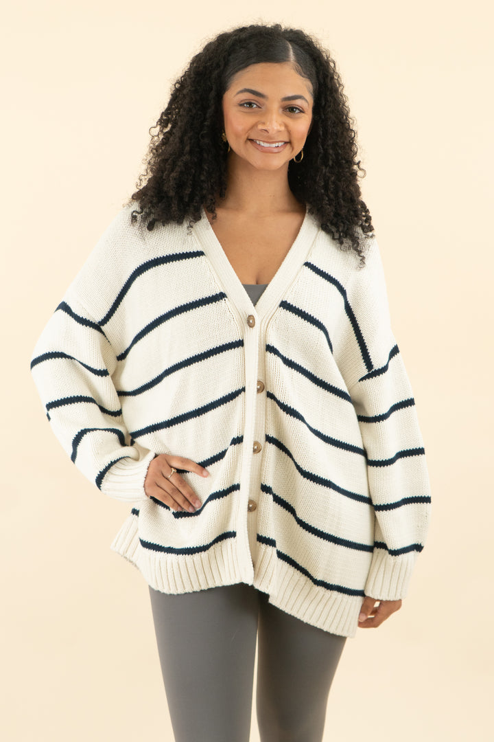 jenni kayne cream and navy striped button down cardigan (l; retail $365)