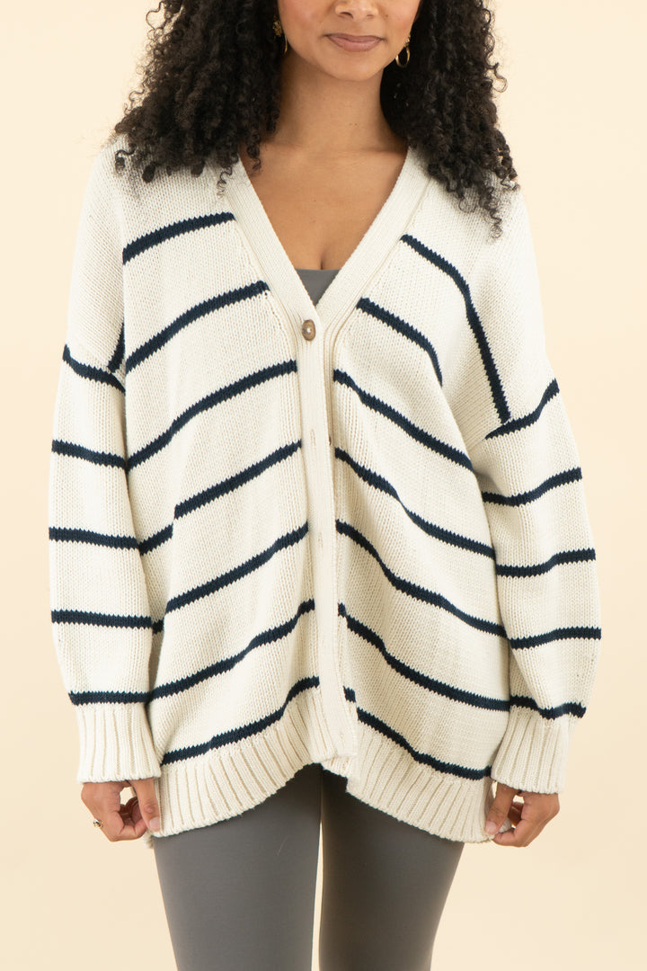 jenni kayne cream and navy striped button down cardigan (l; retail $365)