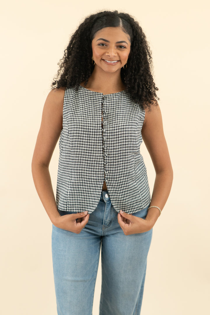 reformation black and white plaid vest top (s; retail $176)