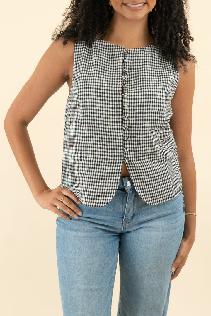 reformation black and white plaid vest top (s; retail $176)