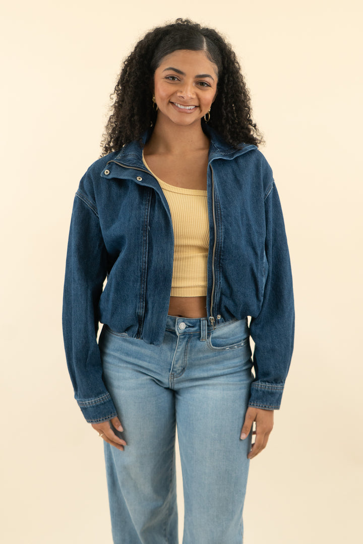 zara dark denim bubble hem funnel neck bomber jacket (s; retail $79.90)