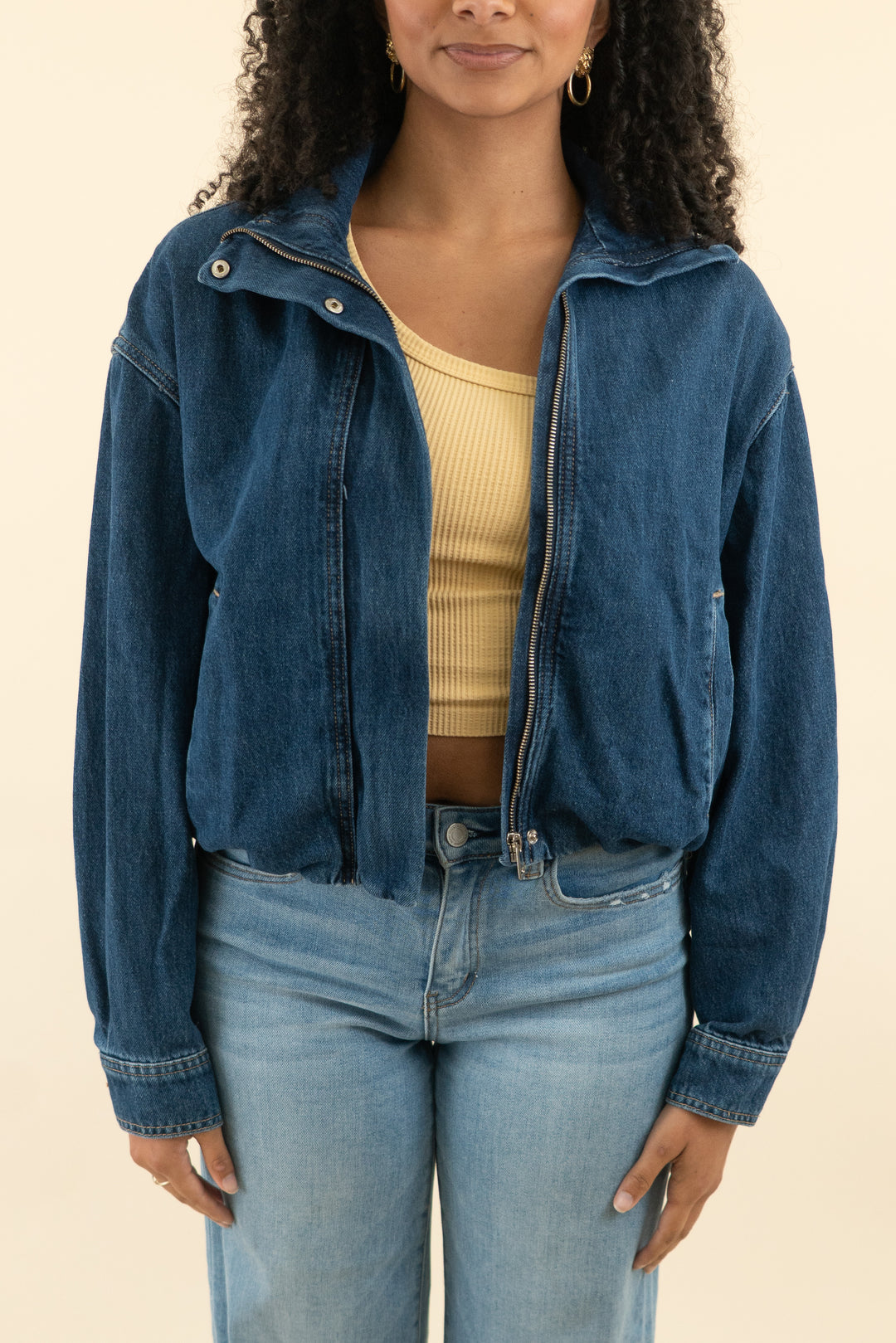 zara dark denim bubble hem funnel neck bomber jacket (s; retail $79.90)
