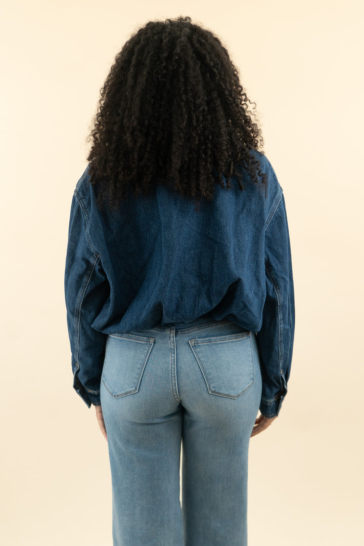 zara dark denim bubble hem funnel neck bomber jacket (s; retail $79.90)