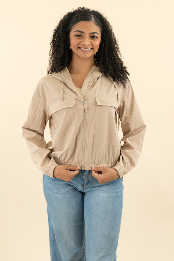 zella khaki crop jacket w/ hood (s; retail $99)