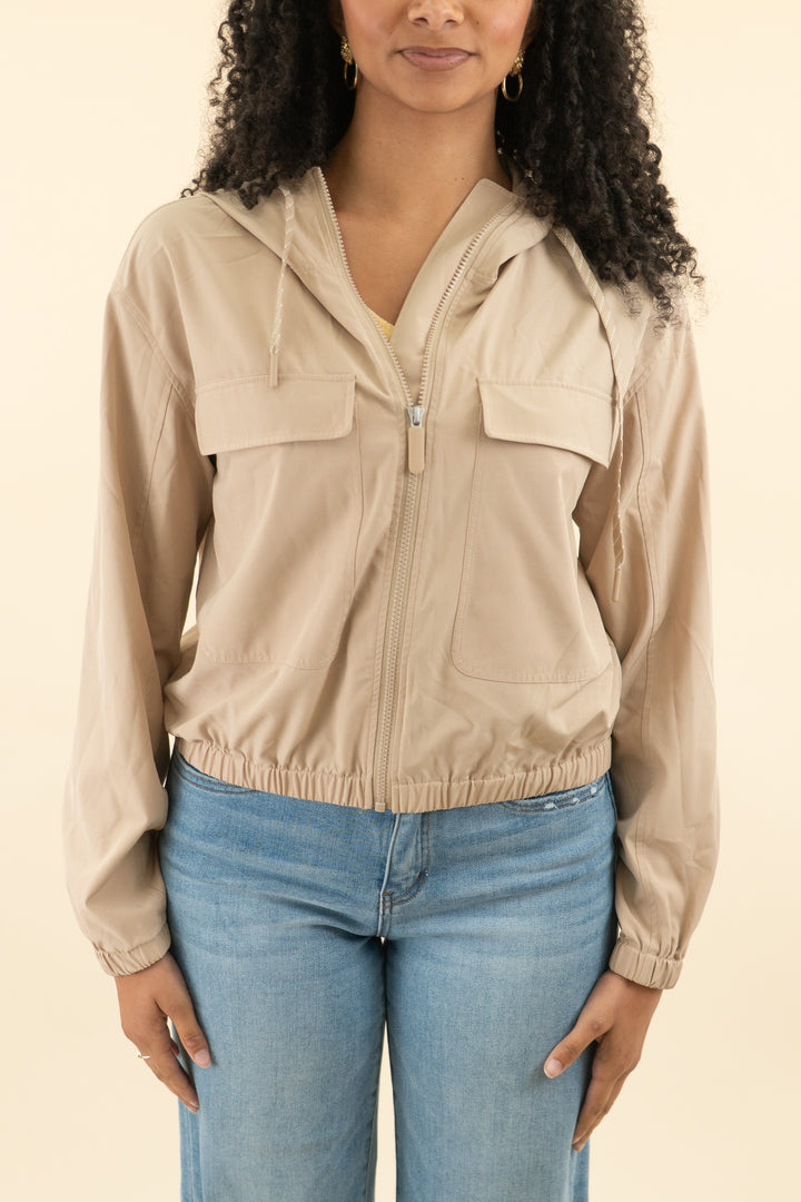 zella khaki crop jacket w/ hood (s; retail $99)