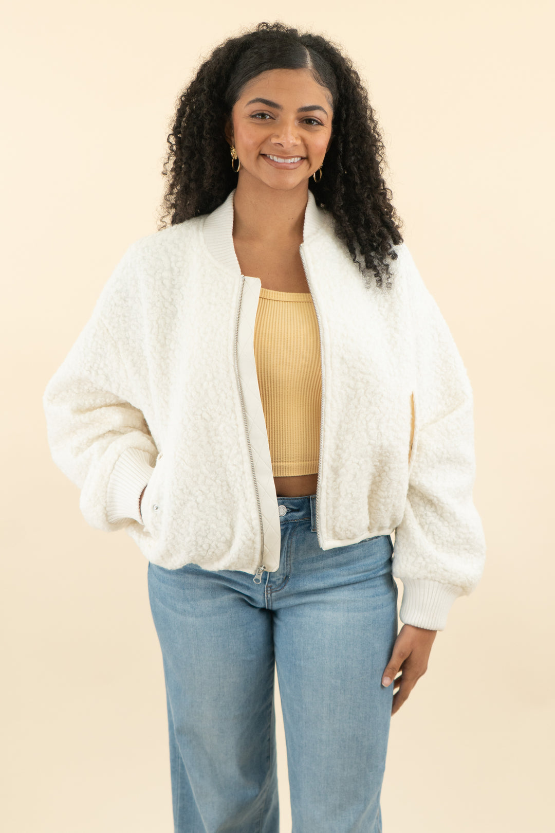 anthropologie cream boucle bomber jacket (s; retail $178)