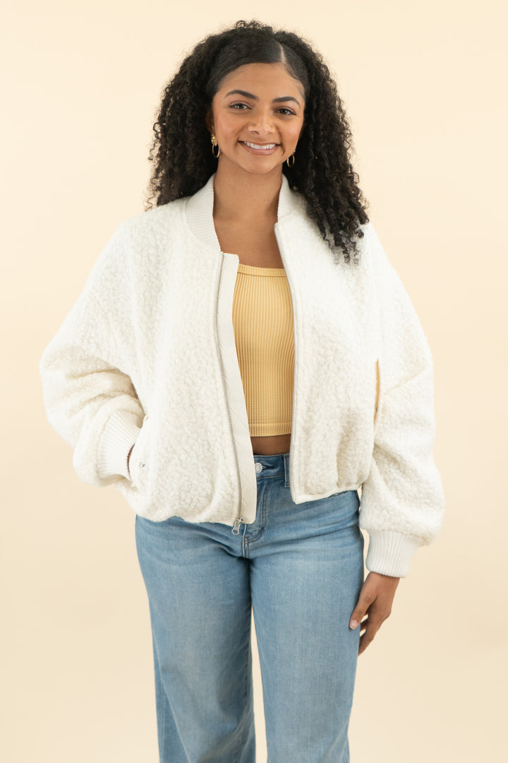 anthropologie cream boucle bomber jacket (s; retail $178)