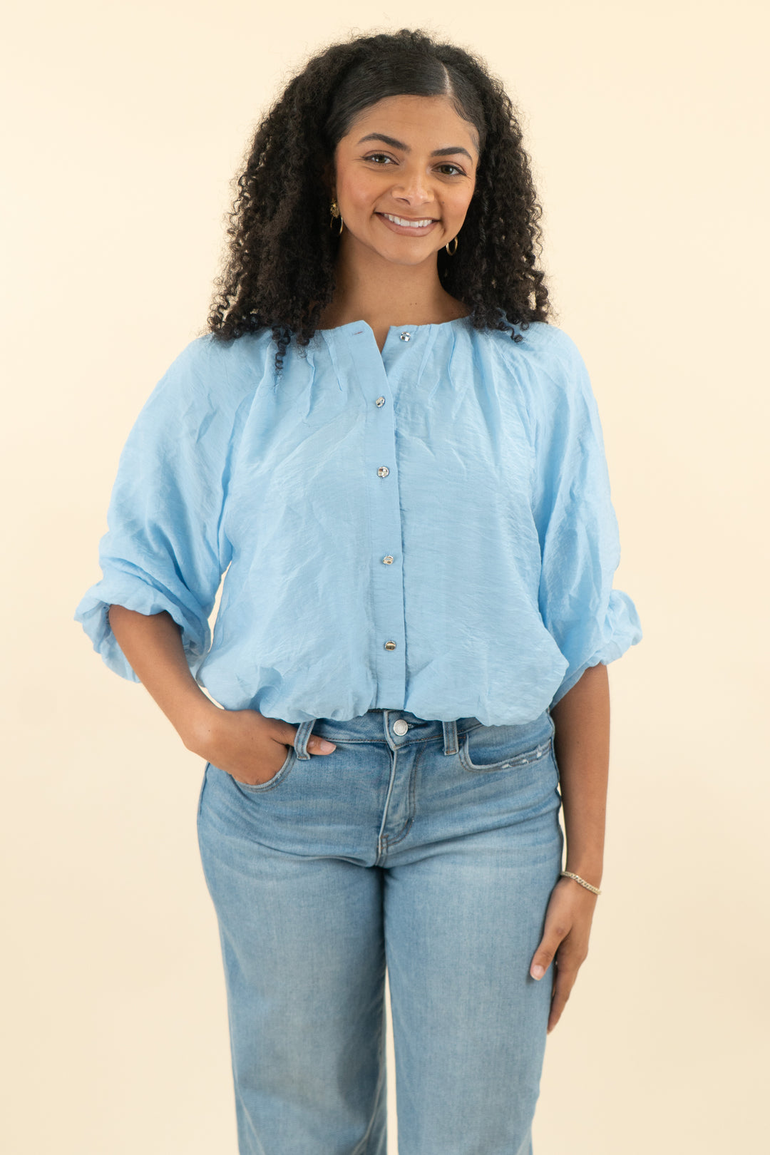 zara blue bubble hem button down top nwt (s; retail $49)