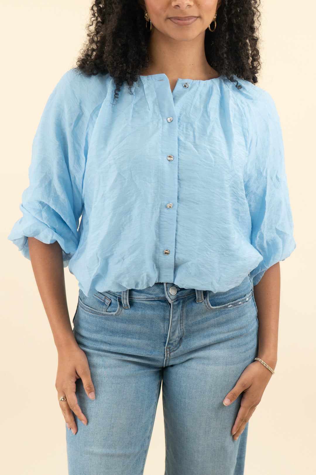 zara blue bubble hem button down top nwt (s; retail $49)