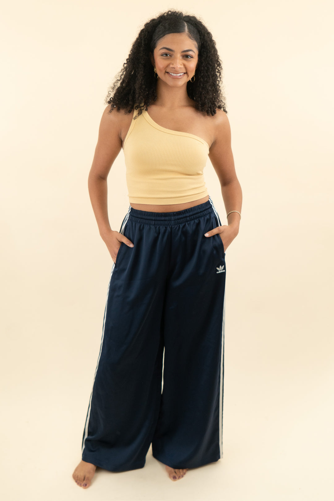 adidas navy and white stripe track pant (4; retail $75)