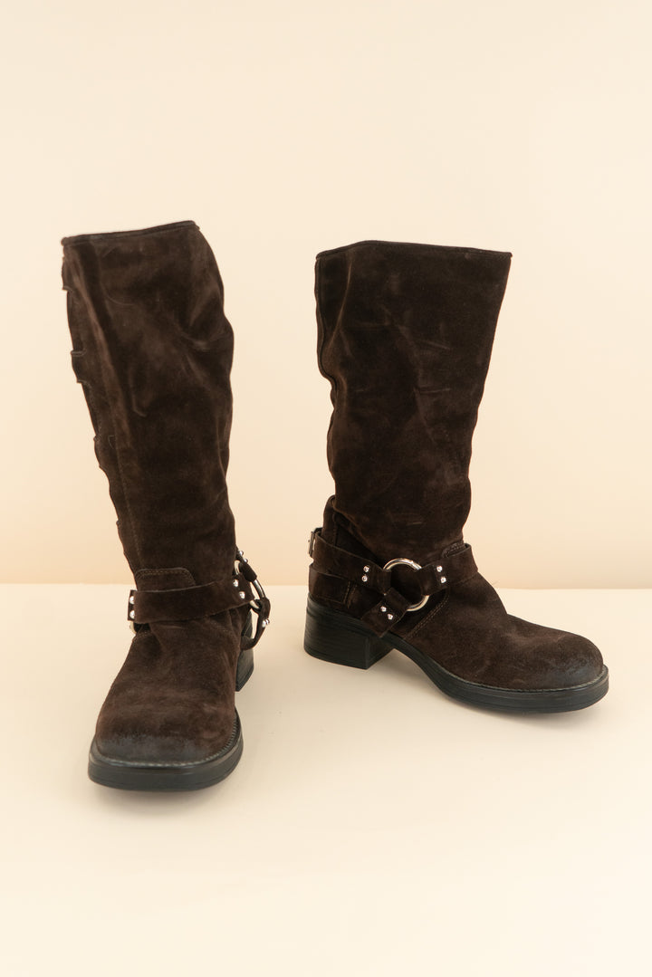 steve madden dark brown suede buckle boots (7.5)