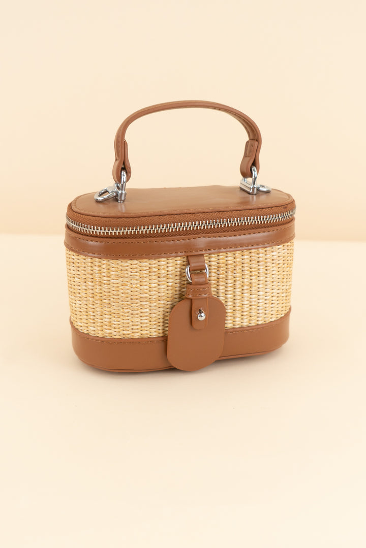 madison west cognac faux leather and straw mini bag (retail $64.99)