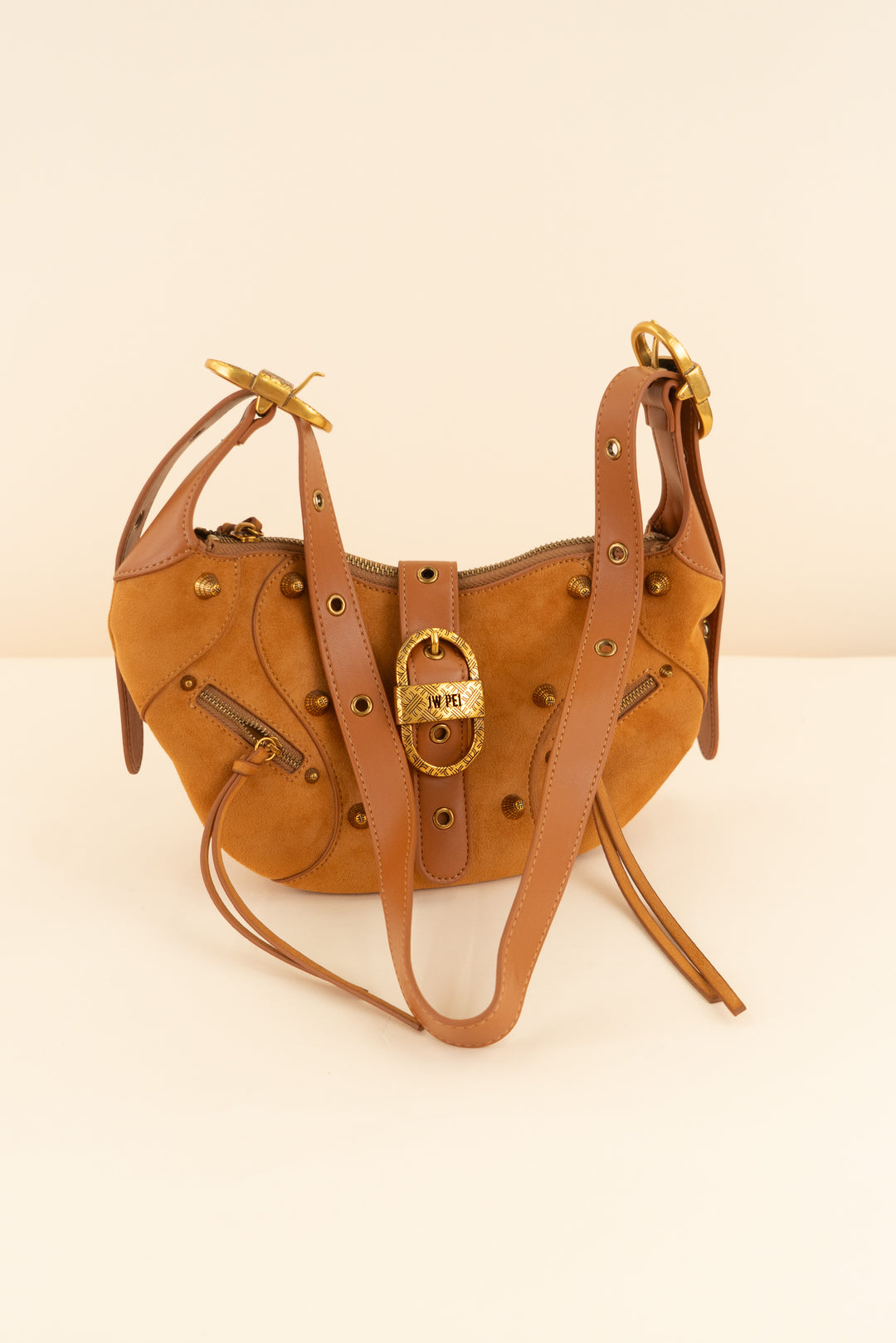 jw pei cognac faux suede bag with gold studs and buckle (retail $139)