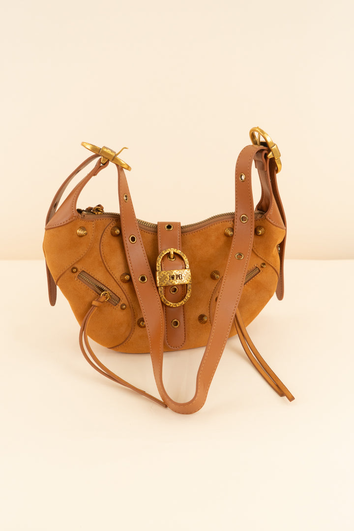 jw pei cognac faux suede bag with gold studs and buckle (retail $139)