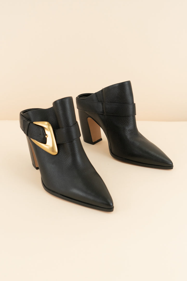 vince camuto black mule booties w/ gold buckle (7.5; retail $149)