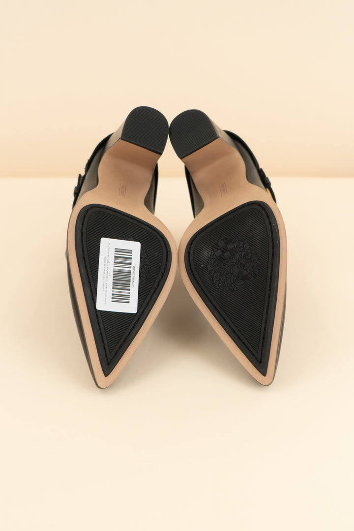 vince camuto black mule booties w/ gold buckle (7.5; retail $149)