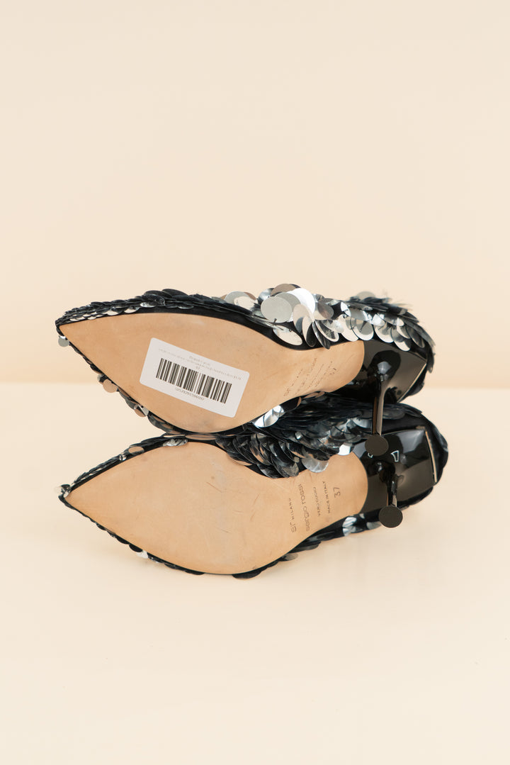 sergio rossi silver circle sequin high heel booties (37 / US 6.5-7; retail $1,969)