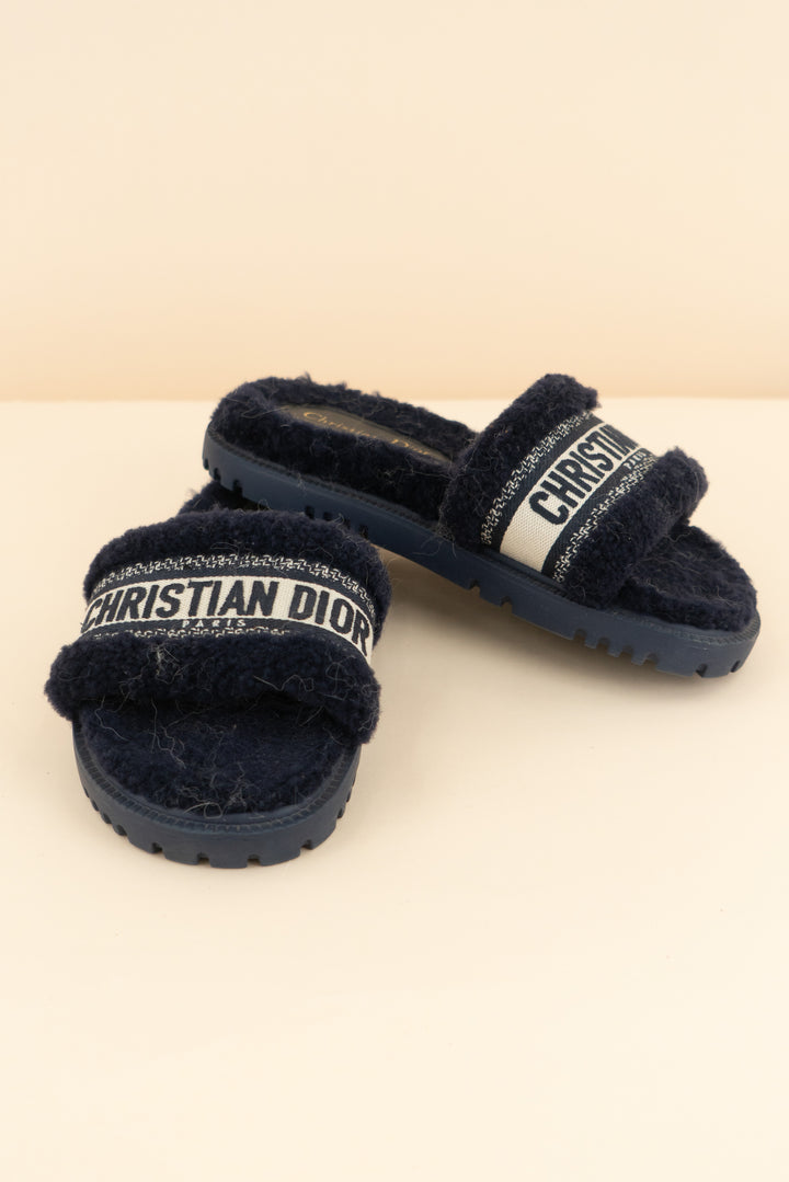 christian dior navy fuzzy slides (37/ US 6.5-7; retail $1,190)