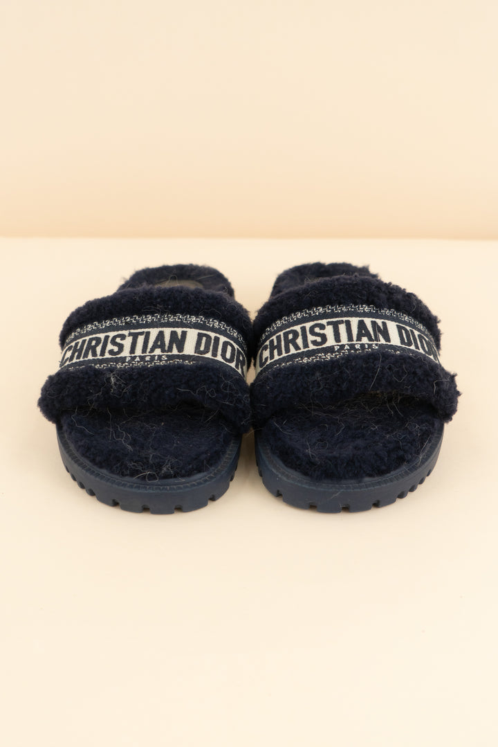 christian dior navy fuzzy slides (37/ US 6.5-7; retail $1,190)