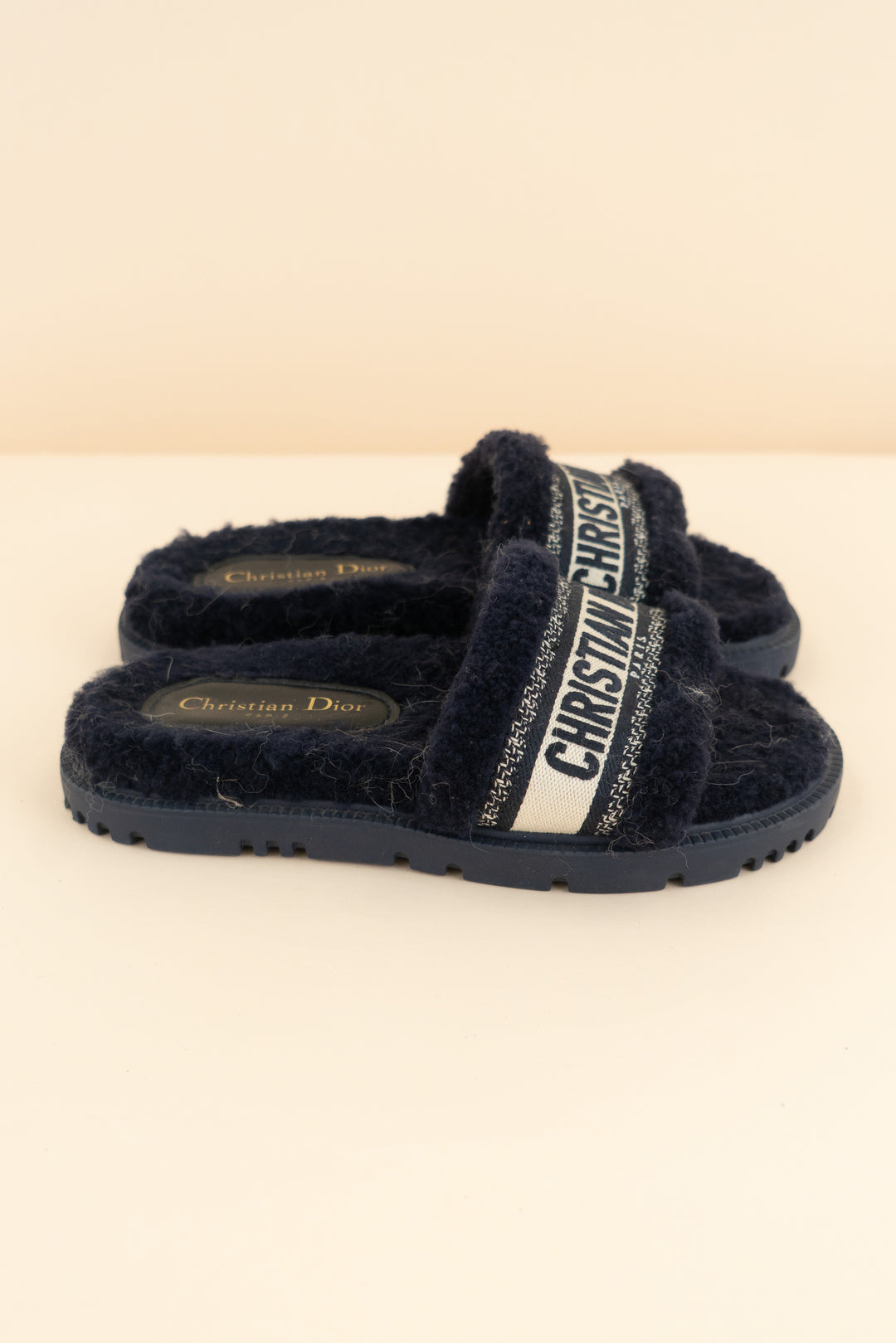 christian dior navy fuzzy slides (37/ US 6.5-7; retail $1,190)