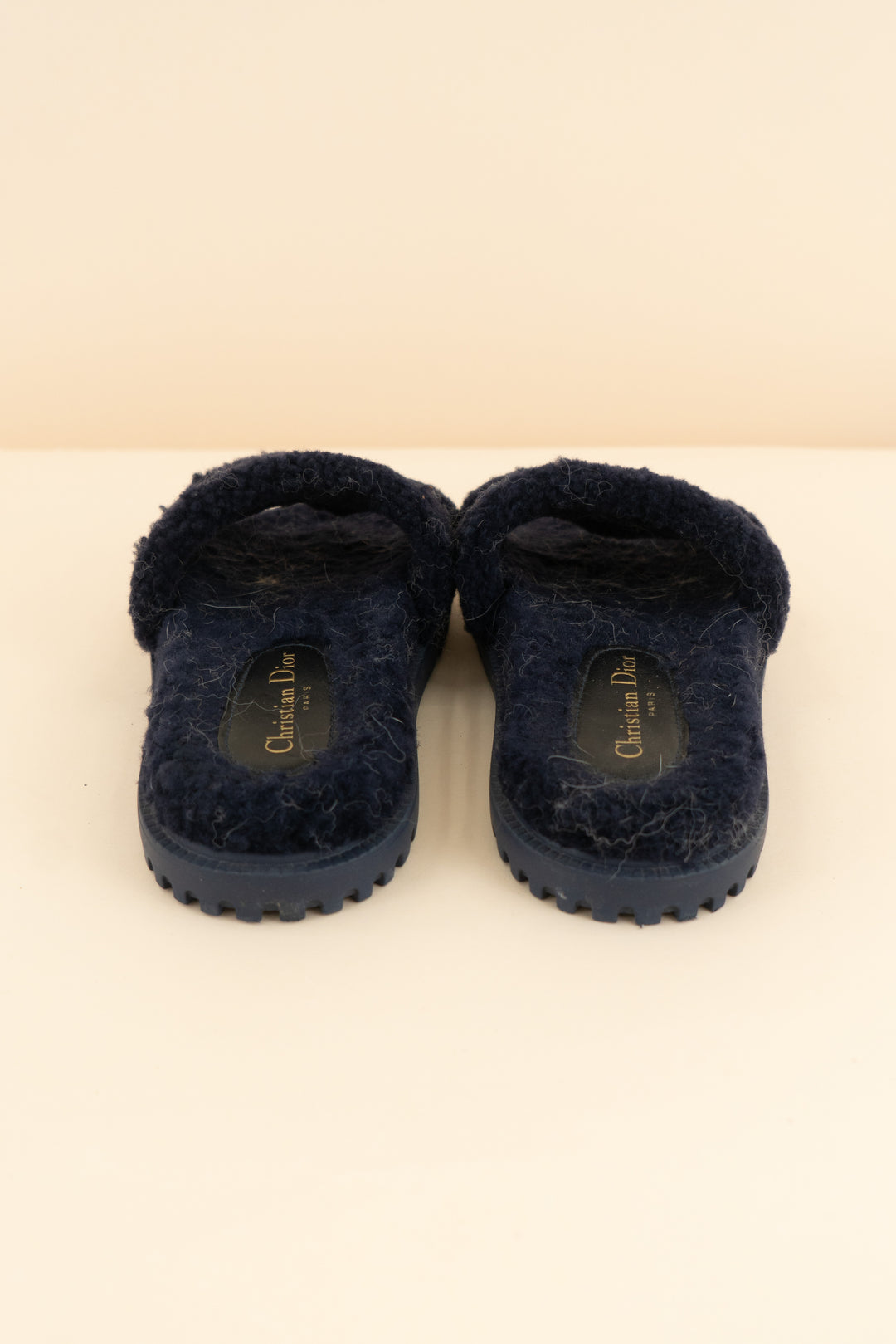 christian dior navy fuzzy slides (37/ US 6.5-7; retail $1,190)