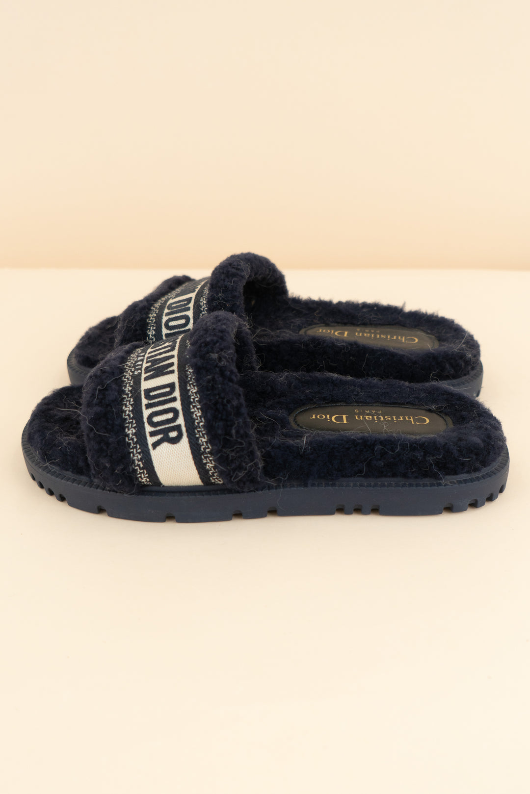 christian dior navy fuzzy slides (37/ US 6.5-7; retail $1,190)