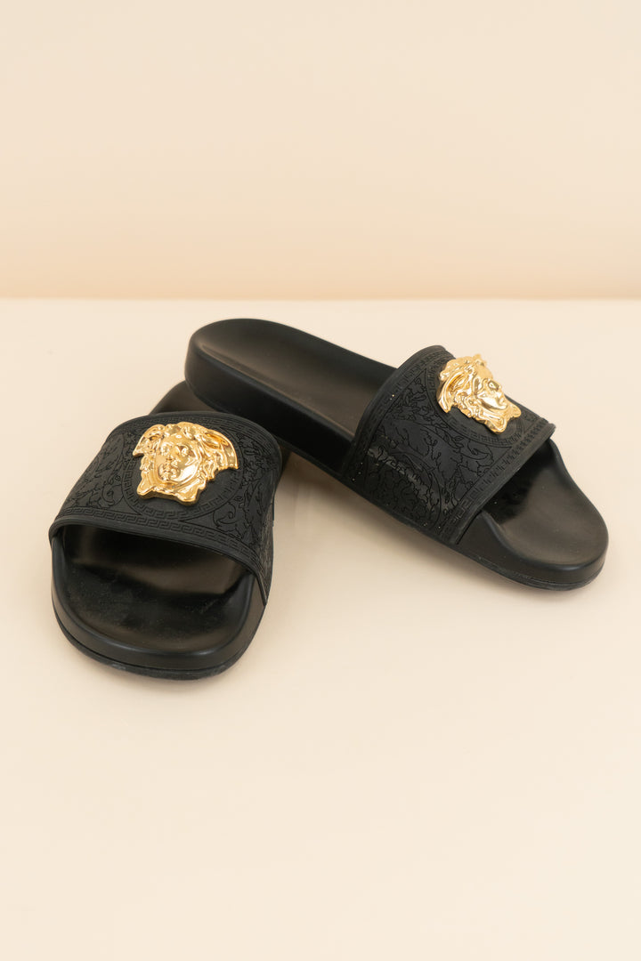 versace black slides with gold emblem (37/ US 6.5-7; retail $495)