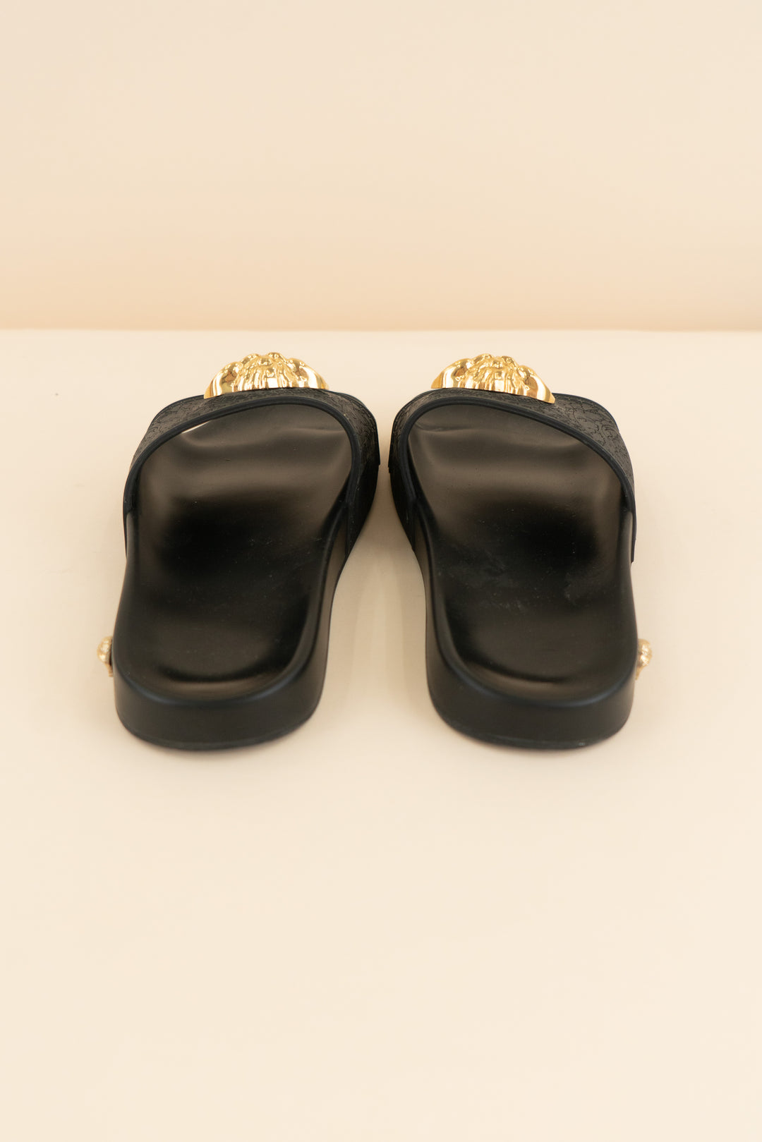 versace black slides with gold emblem (37/ US 6.5-7; retail $495)