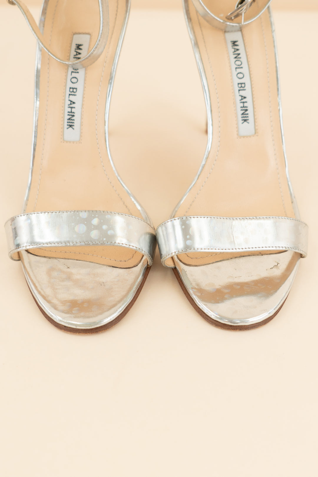 manolo blahnik silver holographic stilettos (36.5/ US 6-6.5; retail $945)