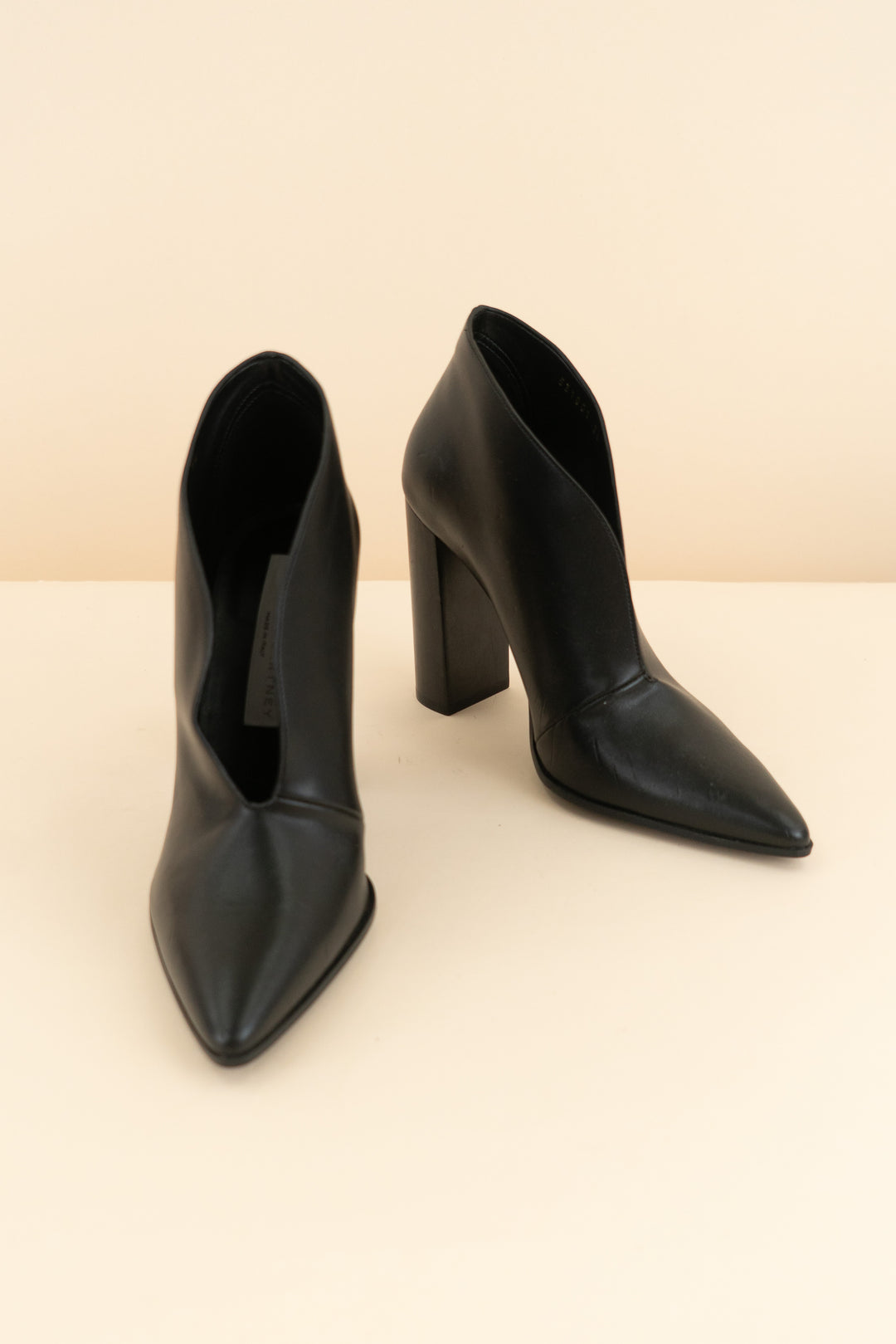 stella mccartney black leather point toe mini bootie (36; retail $845)