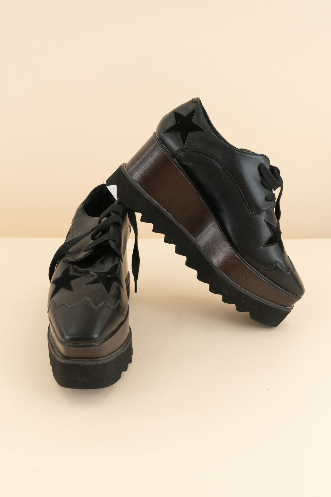 stella mccartney black leather star platform loafers (37/ US 6.5-7; retail $990)