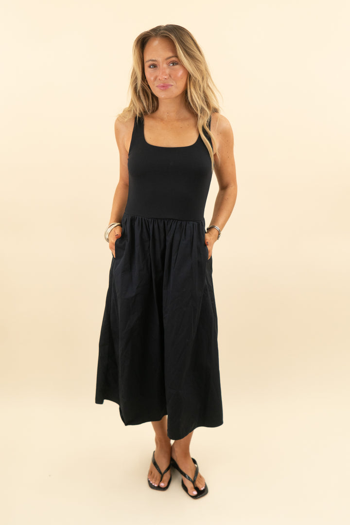 spanx black tank midi flare dress (s; retail $138)