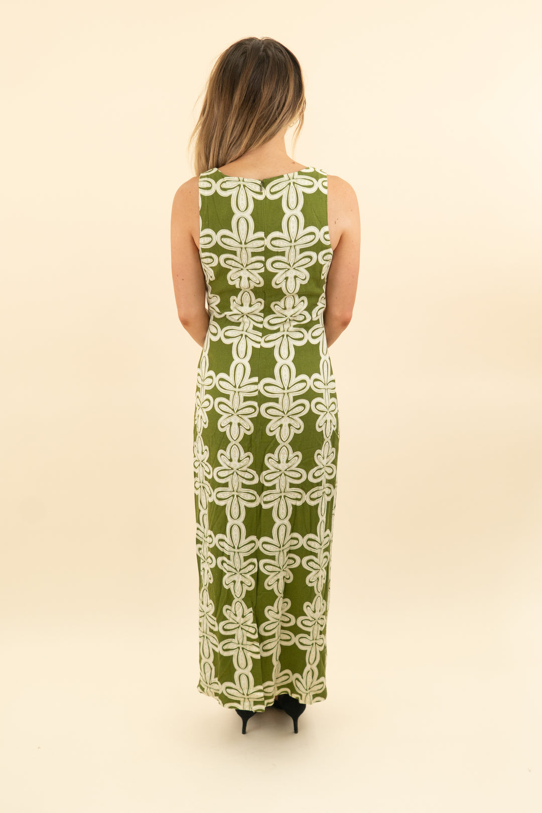 avara green and cream floral maxi dress (xs; retail $98)
