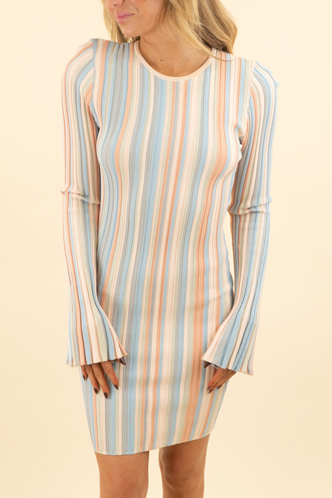 shimmer pastel rainbow ribbed long sleeve midi dress (xs; retail $55)