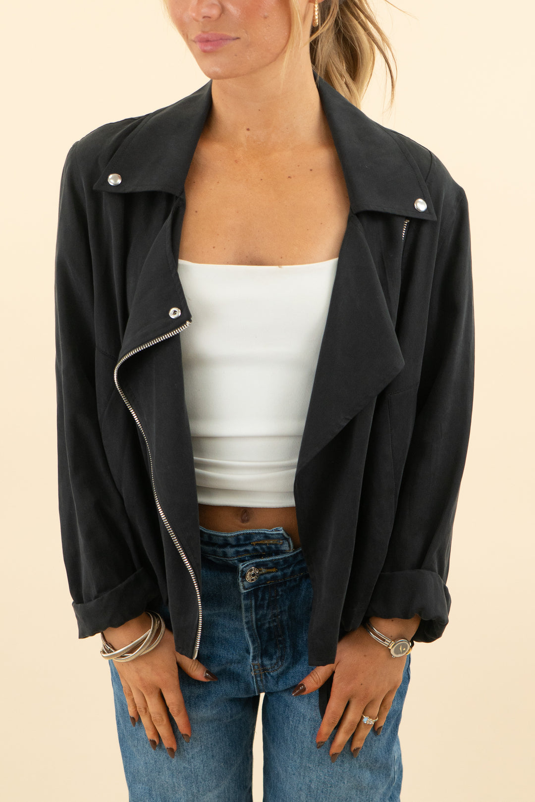 allsaints black canvas zip up jacket (s; retail $399)
