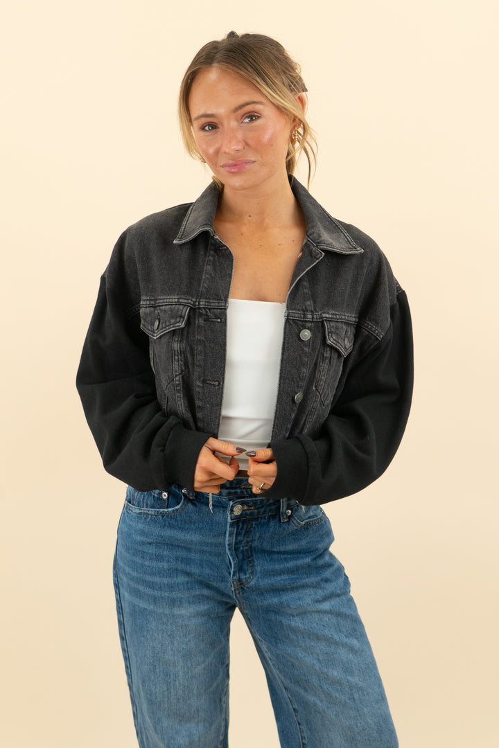 allsaints black cropped denim jacket (xs; retail $269)