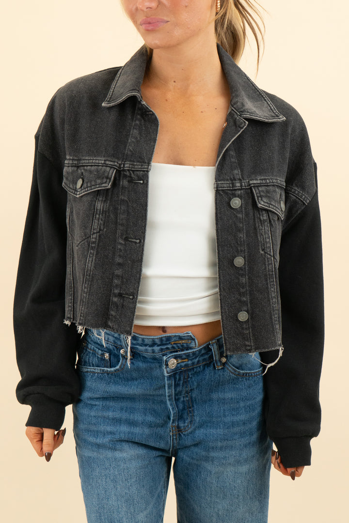allsaints black cropped denim jacket (xs; retail $269)