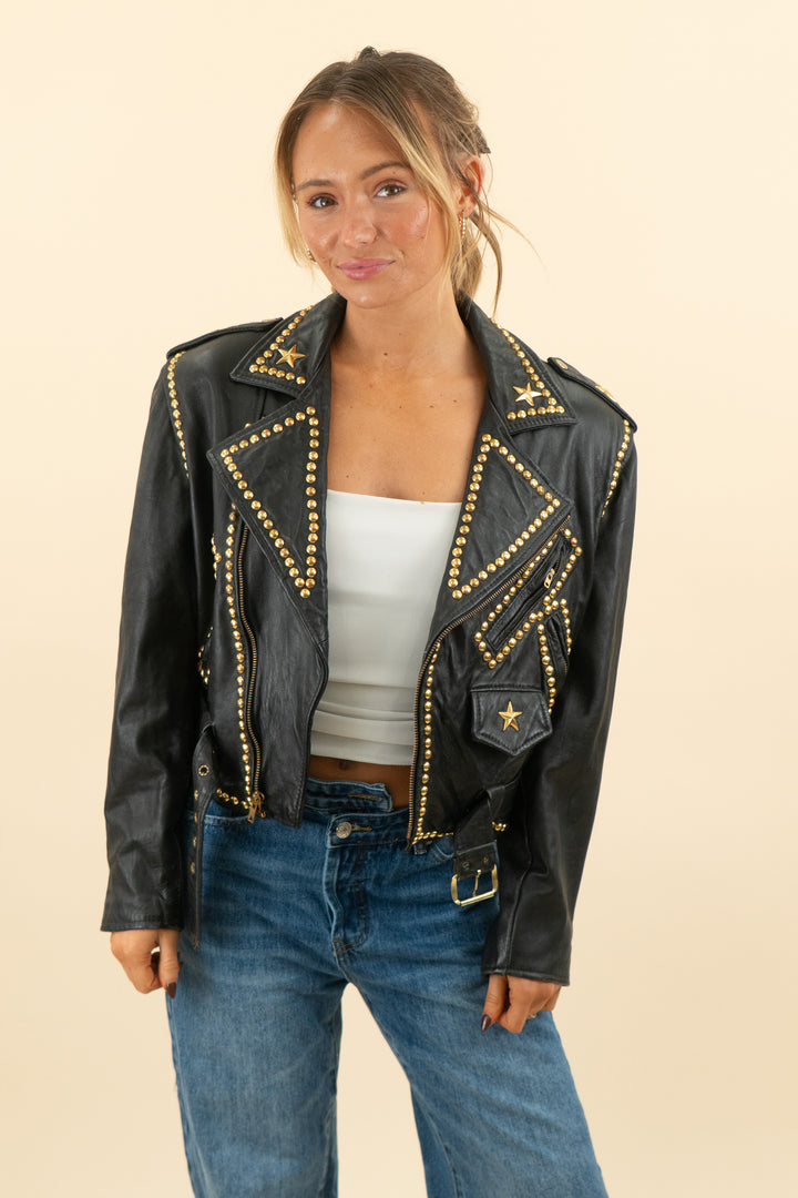 cache vintage black studded leather jacket (m; retail $325)